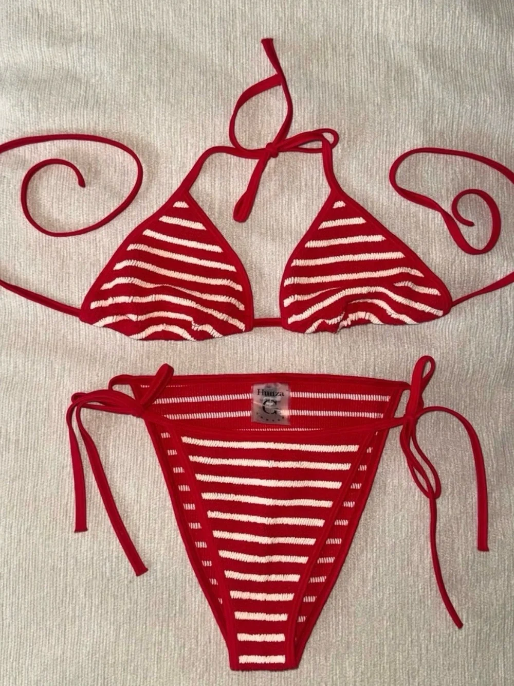Hunza G Red & White Striped Tie-Side Triangle Bikini